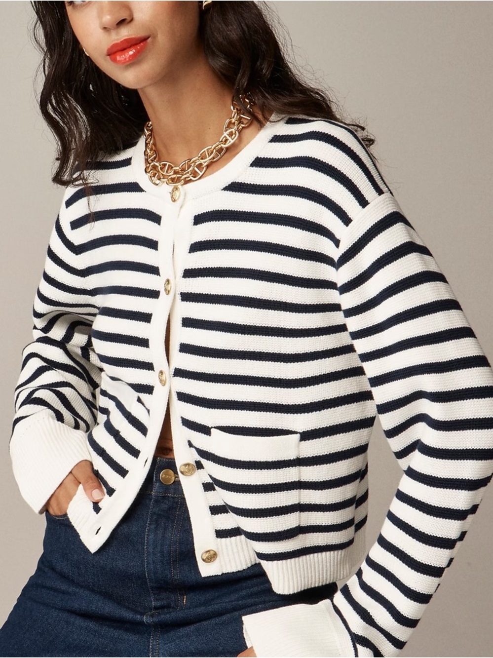 J. CREW Emilie Sweater Lady jacket in stripe size Large Cardigan Gold Buttons